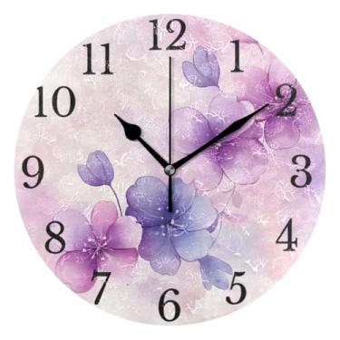 Imagem de ALAZA Relógio de parede em aquarela com flores roxas e violetas, relógio de cozinha, 24 cm, sem tique-taque, redondo, decorativo, relógio de mesa, quarto, sala de estar, decoração