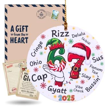 Imagem de Enfeite de Natal Six Seven Santa Says – Enfeites engraçados de gíria de Papai Noel para adolescentes, acrílico impresso frente e verso, decoração de árvore de Natal redonda de 7,2 cm, presente da