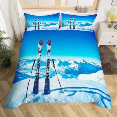 Imagem de Homewish Conjunto de capa de edredom de esqui tamanho casal, conjunto de cama de montanha de neve, 3 peças para decoração de quarto de crianças, meninas, meninos, adolescentes, jogos de esportes