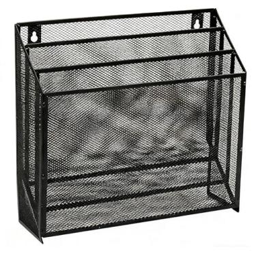 Imagem de TSDRBWO Organizador de mesa de malha com 3 seções verticais, suporte de arquivo montado na parede A4 e suporte de armazenamento de revistas, organizador de pastas de arquivos de mesa de metal para