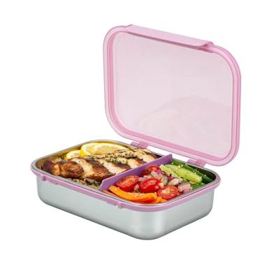 Imagem de Smash Caixa Bento de Aço Inoxidável Seguro para Micro-ondas de 1,8 L com Tampa Dobradiça Rosa – 2 Compartimentos com Divisor Móvel, Fecho de Clipe à Prova de Vazamento e Vedação de Silicone