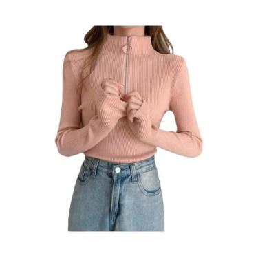 Imagem de Suéter Feminino De Tricô Gola Alta Slim Com Zíper Pulôver Básico Sólid