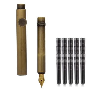 Imagem de SIPLIV Caneta-tinteiro de bronze, bolso curto, minicaneta-tinteiro de viagem com 20 cartuchos de tinta preta - cilindro, ponta fina de irídio (0,50 mm)