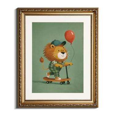 Imagem de InSimSea Arte emoldurada dourada Leão fofo em scooter, decoração de parede emoldurada, 40,6 x 33,5 cm, decoração de animais divertidos caprichosos para quarto de crianças, berçário, sala de jogos.