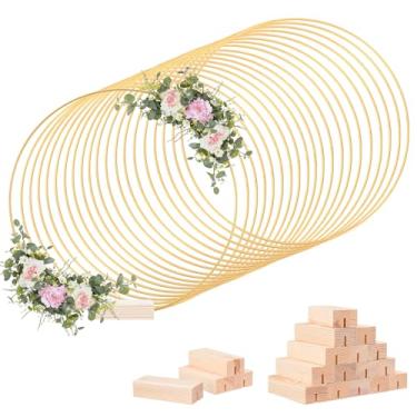 Imagem de WCHOSOZH 20 peças de centro de argola floral com suporte (30,5 cm), argolas de metal para artesanato anéis de guirlanda de ouro com base de madeira, decoração de mesa de festa de casamento, artesanato