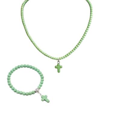 Imagem de LittleFathand Colar feminino com cruz de pedra natural, boêmio, turquesa, miçangas, colar delicado com pingente de cruz pequena, presente de Natal, Zinco, Sem Pedra Preciosa