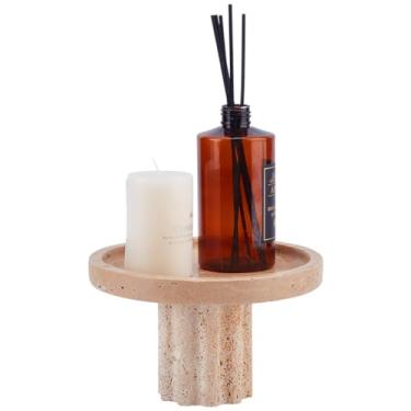 Imagem de UNICRAFTALE Bandeja de travertino natural, bandeja de exibição de joias de mármore com suporte organizador decorativo de vaidade plana de perna única para velas de perfume, prato de joias de 16 cm de
