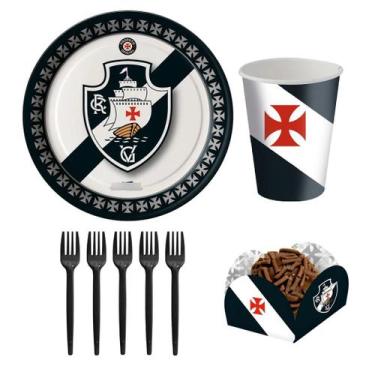 Imagem de Kit Festa Vasco 8 Copos 200 ml + 8 Pratos 18 cm + 8 Garfos + 40 Porta 