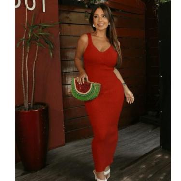 Imagem de Vestido Midi Tricot Modal Canelado Feminino Tendência Verão Luxo Casua