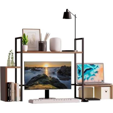 Imagem de WelFurGeer Prateleira de mesa de madeira, prateleira de mesa de 2 camadas com faixa de luz RGB de 16 cores, prateleira organizadora de mesa de 124 cm para monitor de computador de 71 cm, estante de