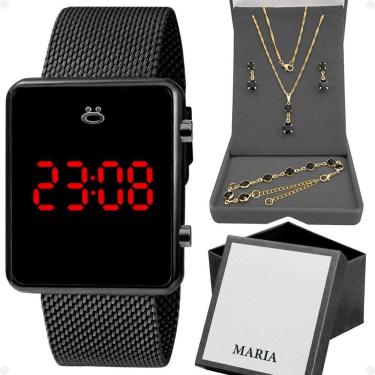 Imagem de Relogio Feminino Preto Digital + Colar + Brincos + Caixa Casual Presente Silicone Pulseira Ajustável