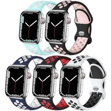Imagem de Pacote com 5 pulseiras esportivas compatíveis com Apple Watch 11/10/9/8/7/6/5/4/3/2/1/SE/Ultra, para séries de 38 mm, 40 mm, 41 mm, 44 mm, 45 mm, 46 mm, 49 mm, homens e mulheres, branco, preto/azul