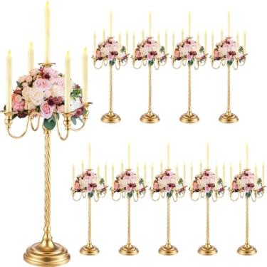 Imagem de Tanlade Pacote com 6 peças centrais de mesa de candelabro dourado alto castiçal de metal de casamento com 5 braços castiçal de flor floral para festa de cerimônia de jantar na igreja (71 cm)