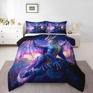 Imagem de Erosebridal Jogo de cama solteiro com estampa 3D de dragão para meninos e meninas, crianças, estampa de monstro mágico, animais míticos, quente, neon, roxo, preto, dragão, edredom