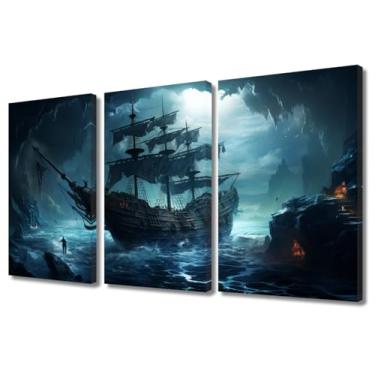 Imagem de Arte de parede moderna de paisagem marítima decorações de casa de navio pirata para sala de estar veleiro pinturas de arte de parede para quarto caverna decoração de escritório arte emoldurada fácil