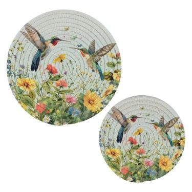 Imagem de Wassud Conjunto de trivet de beija-flores voadores para pratos quentes, suportes redondos de algodão, almofadas quentes, porta-copos elegantes, decoração de cozinha e acessórios, 2 peças