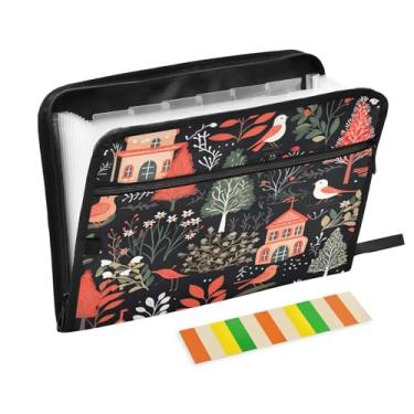 Imagem de Wassud Pássaros e árvores 13 bolsos organizador de arquivos sanfonado pastas expansíveis com abas e adesivos, tamanho carta A4 papel recibo documento pasta organizador para viagem de escritório