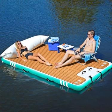 Imagem de Plataforma flutuante inflável de água, tapete de água flutuante, tapete de plataforma de lazer para iate de piscina com escada e bomba de ar elétrica, 1,5 x 2,4 m