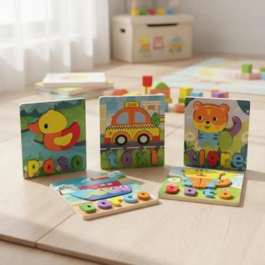Imagem de KIT 3 Quebra Cabeça Animais Figura e Palavra Educativo Divertido Brinq