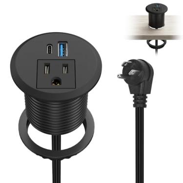 Imagem de Régua de alimentação embutida com ilhoses de mesa de 5 cm com PD 20W USB C, tomada CA e porta de carregamento USB A de 18 W, tomadas ocultas com cabos de extensão de 1,8 m para escritório, casa (preto