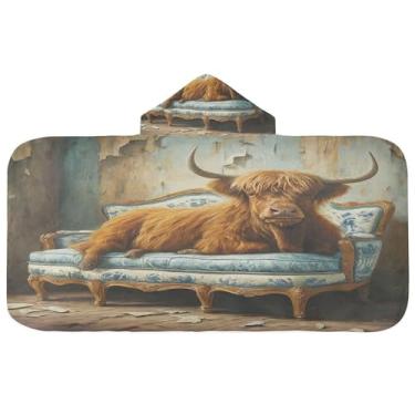 Imagem de Burbuja Toalha de banho com capuz Highland Cow para crianças, toalha de praia de pelúcia macia absorvente para meninas e meninos 3-10 anos, 61 x 127 cm