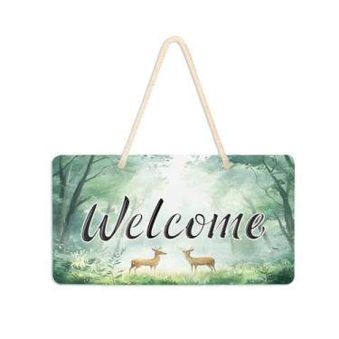 Imagem de Burbuja Placa de boas-vindas floresta com veados para porta da frente, placa de boas-vindas de PVC para decoração de férias de casa de fazenda, 15 x 28 cm