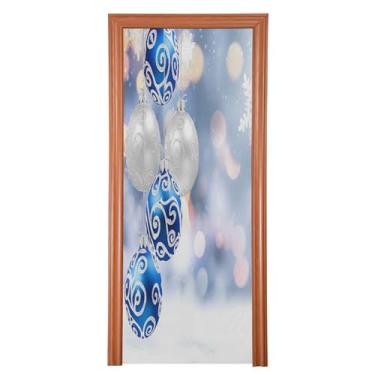 Imagem de Qilmy Bolas de Natal azuis e brancas decoração de capa de porta 81 x 200 cm tecido grande decoração de festa de feriado sinal para porta da frente varanda decoração externa janela parede 36