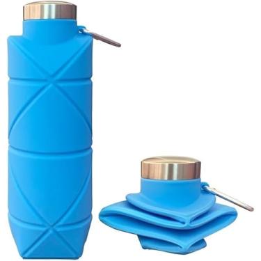 Imagem de Garrafa Dobrável 700ml Silicone Livre de BPA Tampa Inox com Mosquetão - Squeeze Viagem Escola Lazer Esportes - Bebida quente ou fria (AZUL)