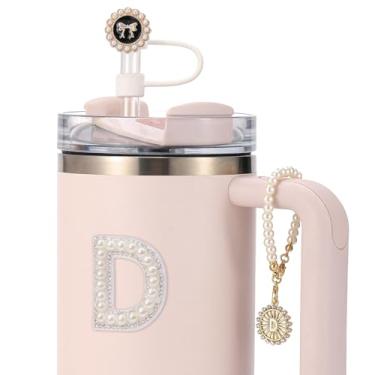Imagem de 3 peças Stanley Cup Accessories - Capa de canudo para copo de 30 e 1,134 g, topo de palha de 10 mm, corrente de pingentes iniciais de silicone para decoração de alça e adesivo de letras - D