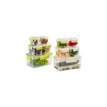 Imagem de Conjunto de 5 Potes Plásticos com Tampa e Cesto, Transparente com Cesto Bege e Verde, para Cozinha, Organizador de Alimentos, Empilháveis, Tamanhos Variados