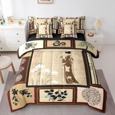 Imagem de Erosebridal Conjunto de edredom chinês com 7 peças, cama de lótus em uma bolsa, cultura asiática com edredom, lençóis, fronhas, decoração de quarto étnica tradicional japonesa exótica