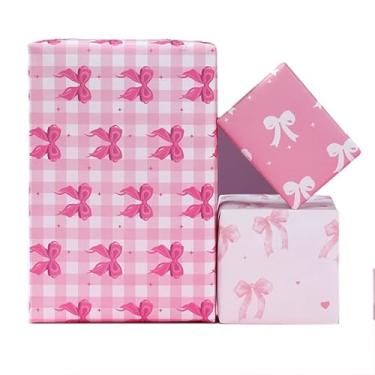 Imagem de Djenpinex Papel de embrulho de presente de laço rosa, folhas de papel de Natal com padrão de fita, 71 x 50 cm, pacote com 6