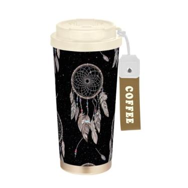 Imagem de TSENQUE Caneca de café de viagem 40 ml com canudo e tampa, copo de café de aço inoxidável à prova de vazamento para escritório, escola, festa, acampamento, apanhadores de sonhos clássicos, preto