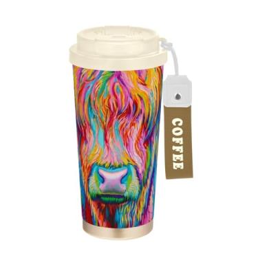 Imagem de TSENQUE Copo de café de viagem 473 ml com tampa de canudo e filp, copos de parede dupla isolados a vácuo com revestimento cerâmico, tinta colorida vaca Highland