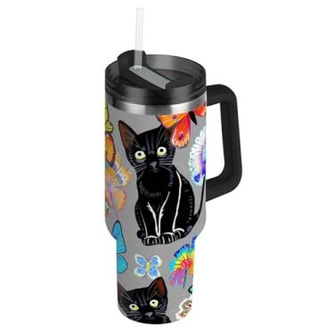 Imagem de Gatinhos pretos coloridos flores borboletas copos com tampa e canudos copo térmico 1,134 g com alça garrafas de água isolado aço inoxidável caneca de café quente para carros