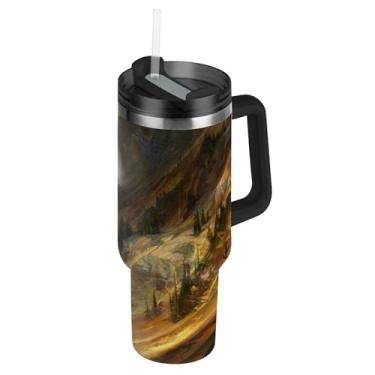 Imagem de Copo de 850 g com alça copos de aço inoxidável com tampas e garrafas de água fofas rosa palha caneca de café quente isolada para carro Thomas Moran Yellowstone Canyon