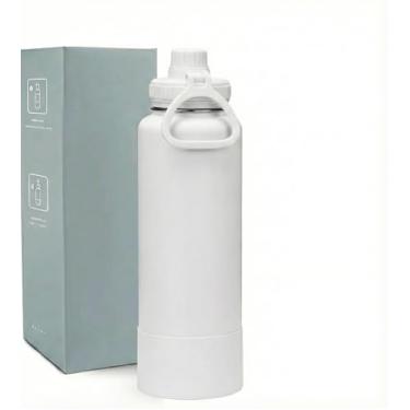 Imagem de Garrafa Térmica 800 ml Base Emborrachada Antiderrapante, Parede Dupla Inox 304, Mantém Gelada por 24h - (Branca)