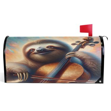Imagem de TSENQUE Capas decorativas para caixa de correio magnética, preguiça, violoncelo, outono, caixa de correio, vinil, férias, à prova de intempéries, decoração de caixa de correio, tamanho grande, 64,5 x