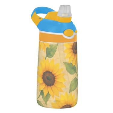 Imagem de Garrafa de água infantil vintage de girassóis amarelos 473 ml garrafa de água de plástico portátil com tampa de canudo 473 ml copo infantil Tritan à prova de vazamento reutilizável, alça de transporte