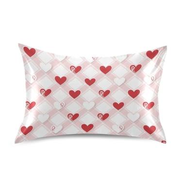 Imagem de Wassud Fronha de cetim com estampa xadrez de coração para o dia dos namorados para cabelo e pele, fronhas de seda lisa, tamanho padrão, respirável, com fecho de envelope