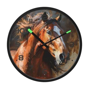 Imagem de SEHANY Relógio de parede artístico majestoso cavalos silencioso, sem tique-taque, relógio redondo operado por bateria, controle de som, luz noturna, relógios de parede para sala de estar, cozinha