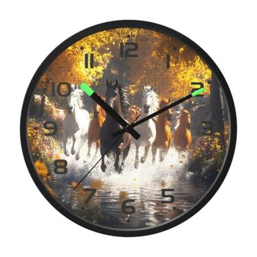 Imagem de SEHANY Relógio de parede artístico majestoso cavalos silencioso, sem tique-taque, relógio redondo operado por bateria, controle de som, luz noturna, relógios de parede para sala de estar, cozinha