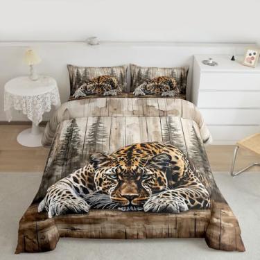 Imagem de Erosebridal Jogo de cama queen com estampa de leopardo, floresta natural, vida selvagem, para crianças, meninos, meninas, fazenda, floresta, animal, rústica, cabana e pinheiro, edredom