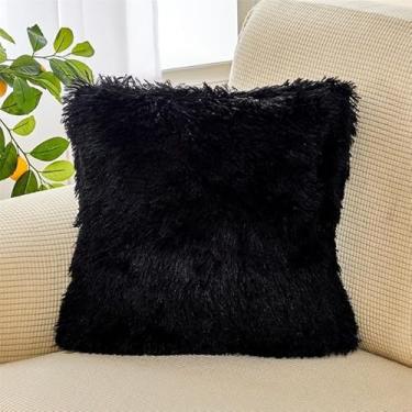Imagem de Almofada Decorativa Peluda Felpuda 45x45 cm | Almofada Antialérgica com Enchimento de Fibra Siliconada, Macia e Confortável para Sofá Quarto Escritório (preto)