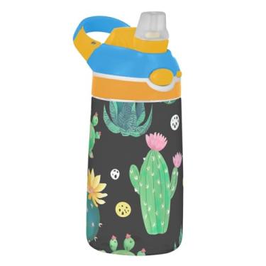 Imagem de Garrafa de água infantil Green Cacti Succulents Flowers com canudo 473 ml 473 ml Garrafa de água de plástico Tritan reutilizável portátil copos de viagem para crianças, à prova de vazamento, alça de