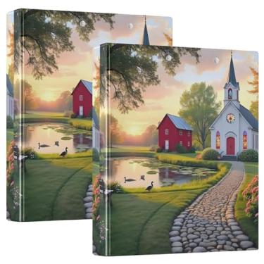 Imagem de Fichário Chapel Pond Sunset com 3 anéis de 3 cm comporta 200 folhas fofas pastas de portfólio de anel redondo fichário de escritório, 31,5 x 27 x 6 cm, 1 pacote