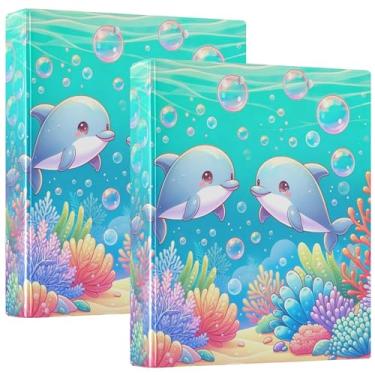Imagem de Fichário de 3 anéis com bolhas de golfinhos de desenho personalizado, 3 polegadas, comporta 200 folhas, 3 pastas de anéis, 31,5 x 27 x 6 cm, pacote com 2