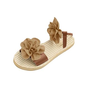Imagem de Sandálias rasteiras femininas casuais primavera verão praia cor sólida flor bico aberto tira no tornozelo, ideal para uso confortável e versátil, Marrom, 39