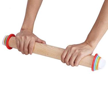 Imagem de Pinho de Rolamento Madeira com Espessura Ajustável Escala e Anéis Detacháveis Cabo resistente Rolo Massa Antiaderente para Cozinha Padaria Pizza Torta