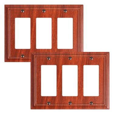Imagem de Pacote com 2 placas decorativas de parede de grão de madeira de fibra de bambu natural durável para tomadas elétricas, receptáculos, tomadas GFCI, interruptor regulador, 3 faixas, resistente à